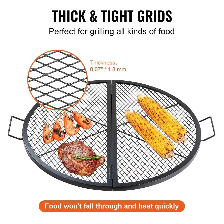 Foldable Round Cooking Grate for Outdoor Party Heavy Duty Steel Fire Pit Grill with Handle and Support X Wire 36 Inch Black Por