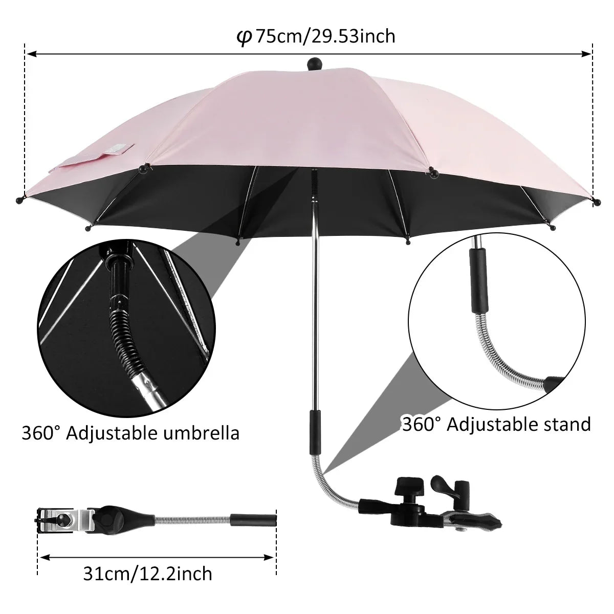 Universal Baby Stroller Umbrella UV Sun Rain Protection Parasol 360° Adjustable Sunshade Patio Beach Chair Umbrella Rainproof