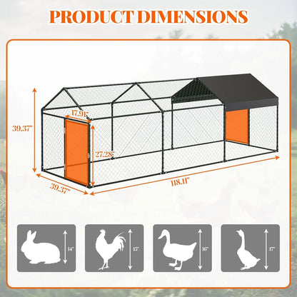 Heavy Duty Large Metal Chicken Coop 120"x40"x40" Walk-in Poultry Cage with Lockable Door Outdoor Backyard Chicken Run Playpen