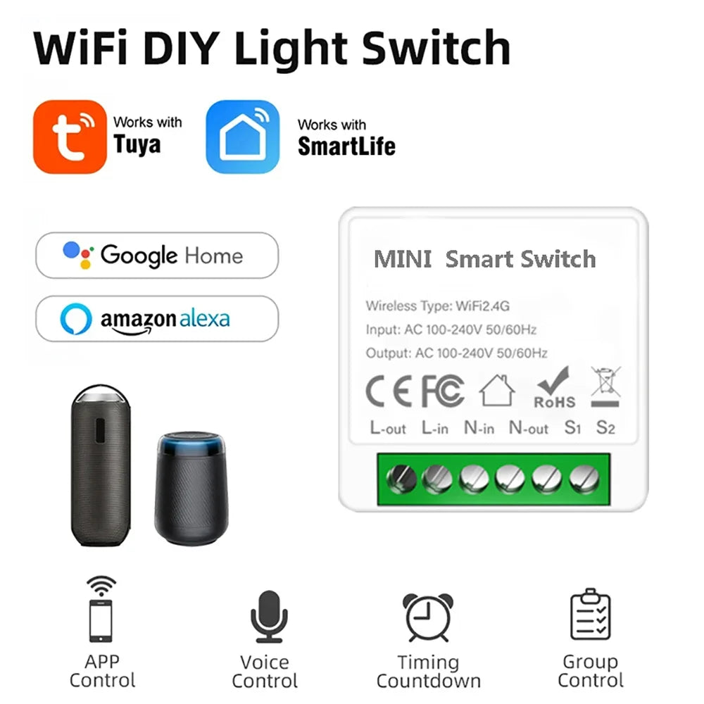 16A Tuya Smart WiFi Switch Support 2-Way DIY Switches Mini Smart Breaker Smart Life Control Support Alexa Google Alice