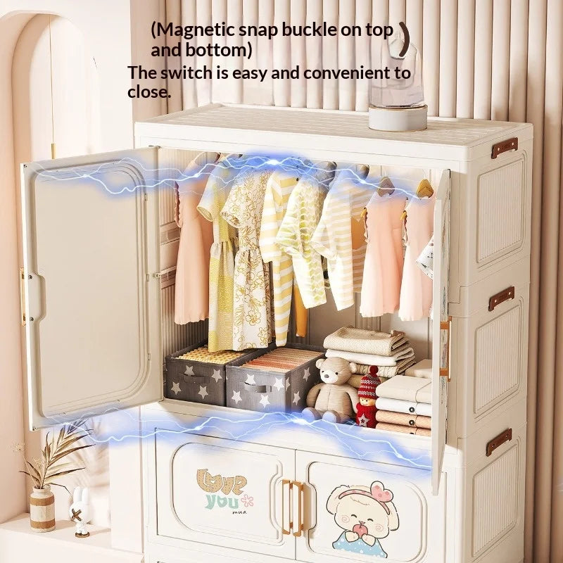 Cartoon Kids Wardrobe Foldable Plastic Clothes Storage Cabinet Nursery Organizer Space Saving Baby Closet Wardrobe White