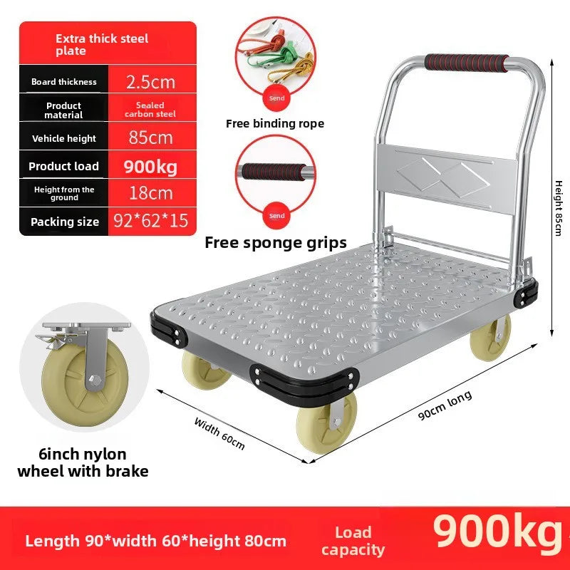 Steel plate pulling trolley trolley trolley handling thickened foldable portable silent trailer pulling flat truck