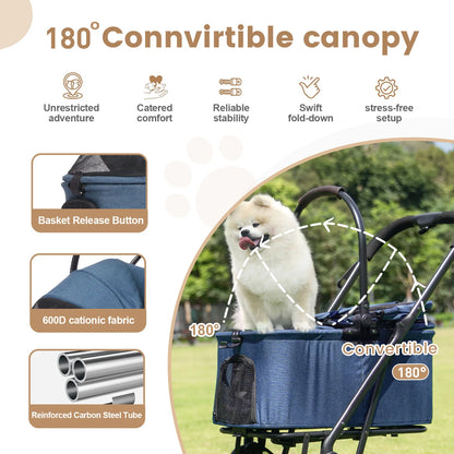 3 in 1 Dog Stroller, Upgraded Frame, Up to 44lbs Pet Stroller with Dog Poop Bags & Dispenser, Zipperless Entry, Storage Basket &