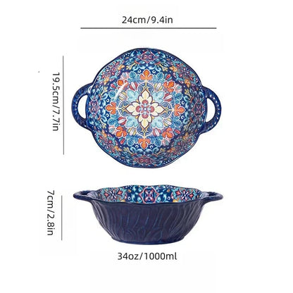 Bohemian Style Ceramic Soup Bowl with Handle Microwave Safe Embossed Design Great for serving soups salads ramen noodles