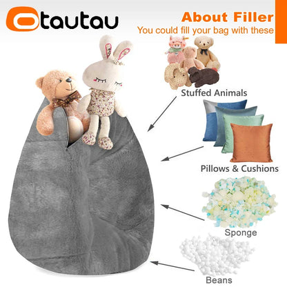 OTAUTAU Adults  Children Fluffy Faux Fur Bean Bag Pouf Cover without Filler Beanbag Puff Salon Ottoman Corner Seat Sac DD003