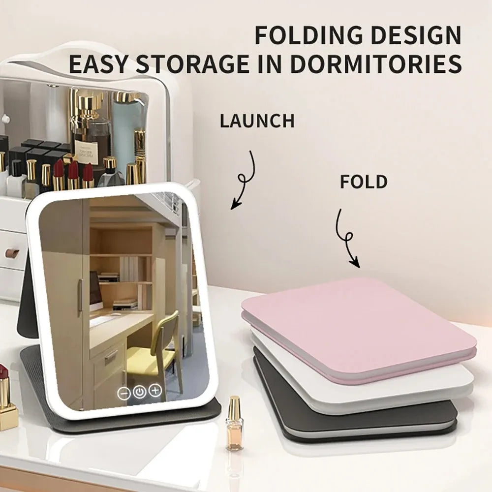 3 Colors Dimmable LED Makeup Mirror with Touch Screen Fold Cosmetic Makeup Mirror Rechargeable Tabletop for Travel & Home Use