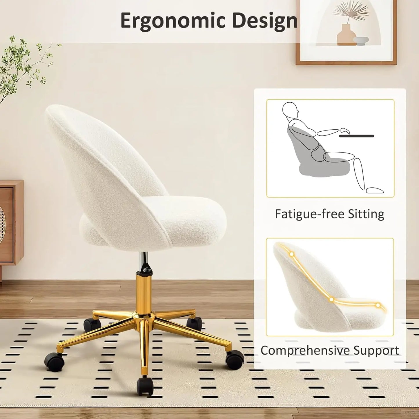 Vanity Chair with Back, Cute Office Desk Chair with Wheels for Girls, Upholstered Armless Accent Chair with Gold Metal Height