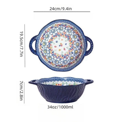 Bohemian Style Ceramic Soup Bowl with Handle Microwave Safe Embossed Design Great for serving soups salads ramen noodles