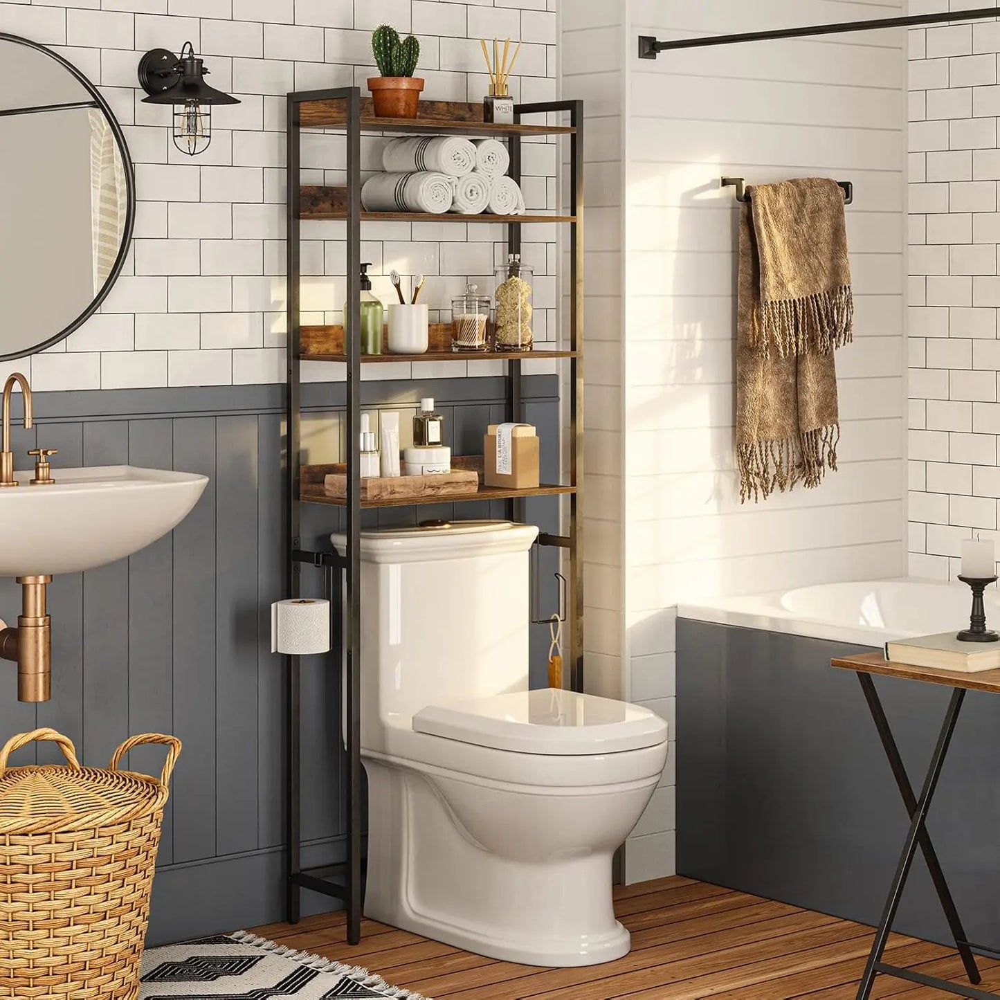 4-Tier Over Toilet Storage Rack with Hooks, Space-Saving Bathroom Organizer in Rustic Brown