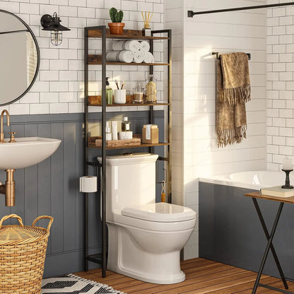 4-Tier Over Toilet Storage Rack with Hooks, Space-Saving Bathroom Organizer in Rustic Brown