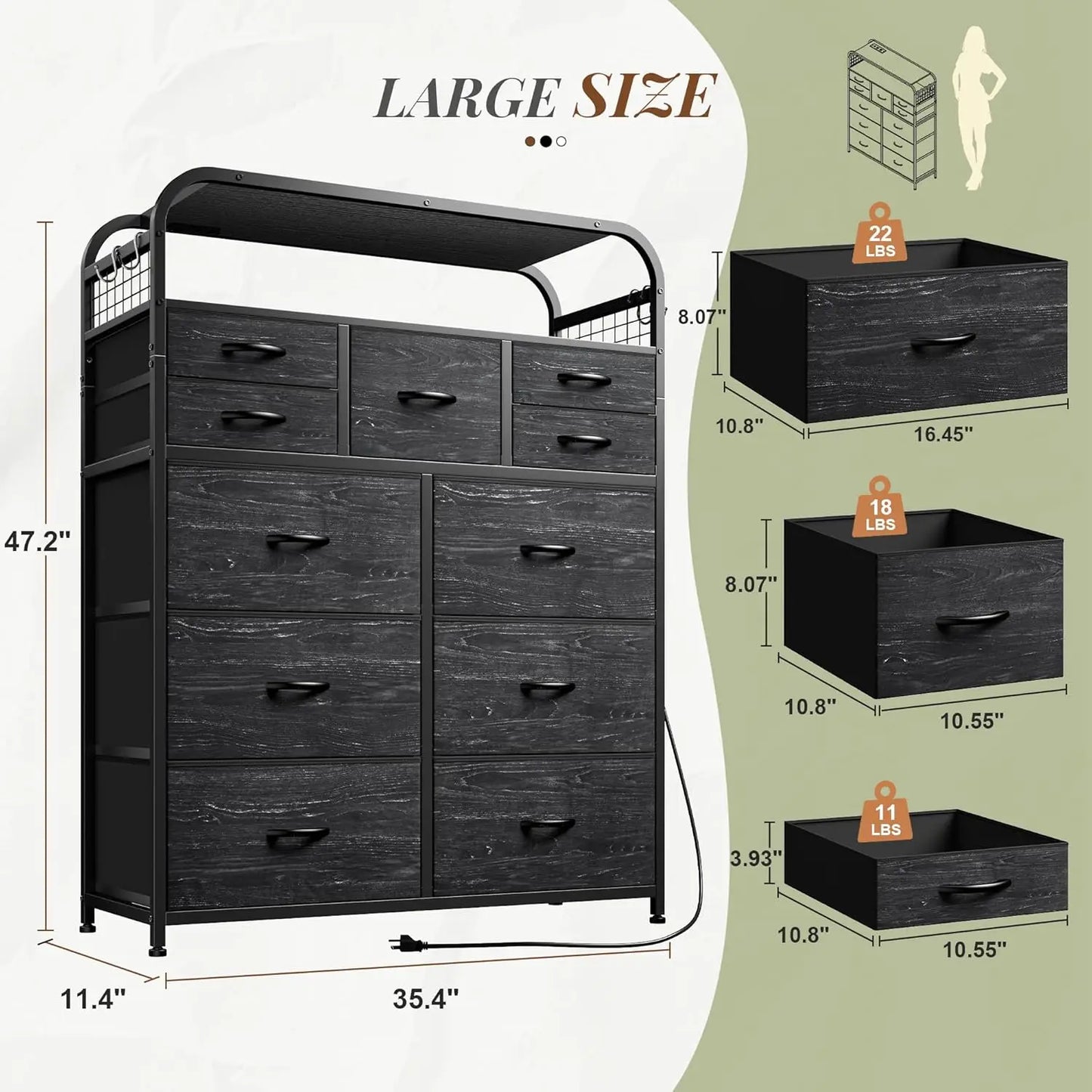 47" H Dressers & Chests of Drawers with LED Lights & Charging Station, Dresser for Bedroom with 11 Fabric Drawers & 4 Hooks