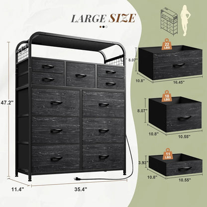 47" H Dressers & Chests of Drawers with LED Lights & Charging Station, Dresser for Bedroom with 11 Fabric Drawers & 4 Hooks