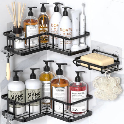 3-Pack Adhesive Rustproof Stainless Steel Shower Shelves with Soap Holder, No Drilling Corner Organizer for Bathroom, Black