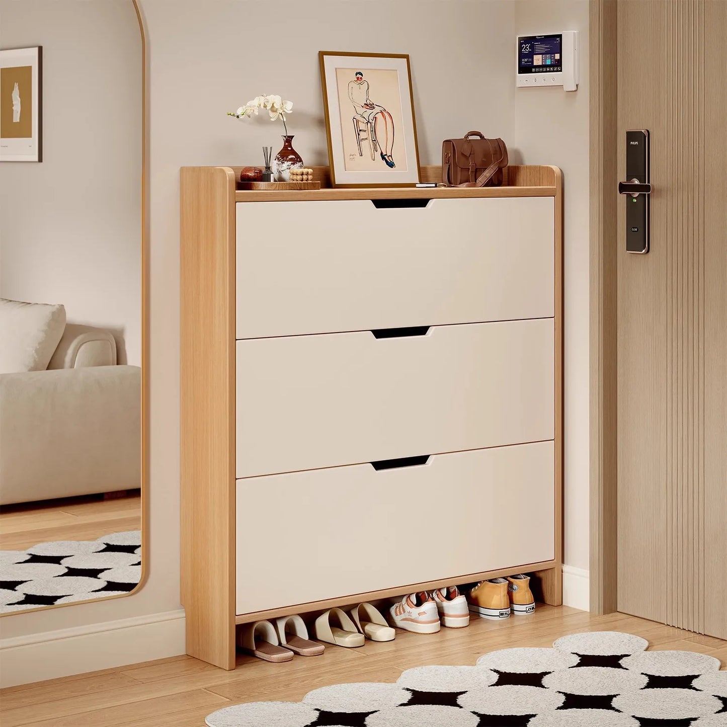 Solid wood ultra-thin flip shoe cabinet, home use, entrance door, foyer storage cabinet, new style wall-mounted shoe rack