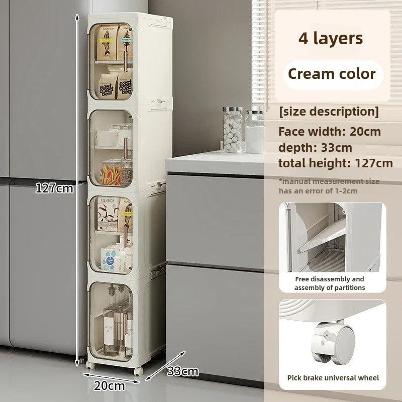 Household bathroom narrow seam storage cabinet, multifunctional foldable with wheels, dust-proof and crevice storage cabinet