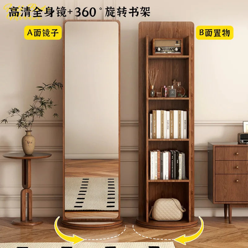 Rotating dressing mirror full body floor mirror home magazine bookshelf rotating storage rack vertical fitting mirror
