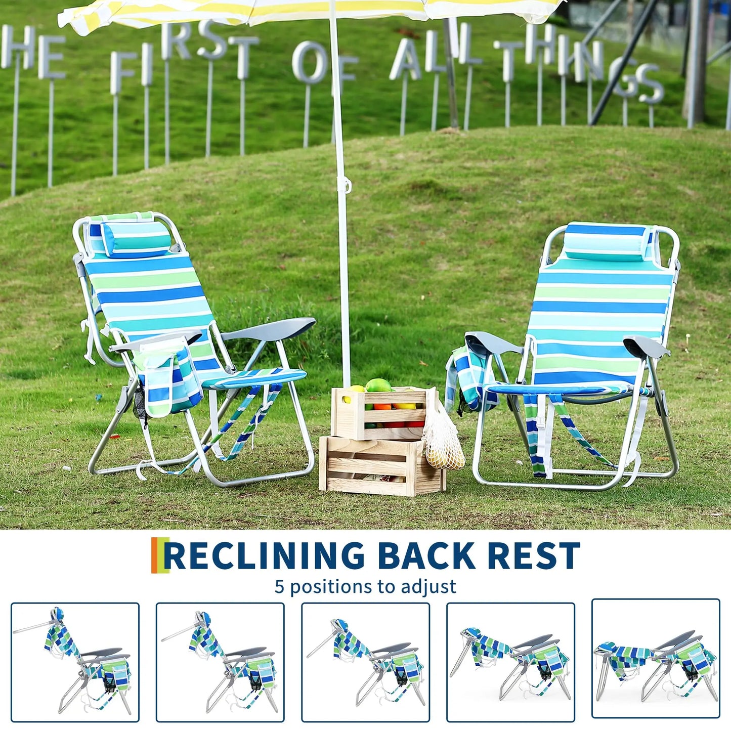 2 Pack High Backpack Beach Chair Lay Flat Folding Camping Chair Lightweight Portable Outdoor Lounge With Cooler Pouch Cup Holder