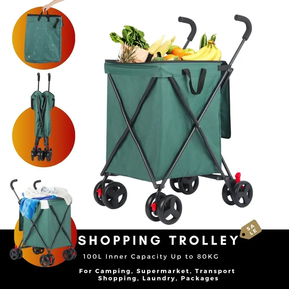 Foldable Shopping Cart, 100L Capacity, 80kg Load, Detachable Washable Bag, Compact Grocery Cart for Supermarket & Urban Use