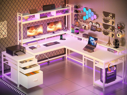 64 x 60 Inches L Shaped Desk with Hutch and Drawers, Gaming Desk with Power Outlet & Monitor Stand & LED Lights,  Corner Desk
