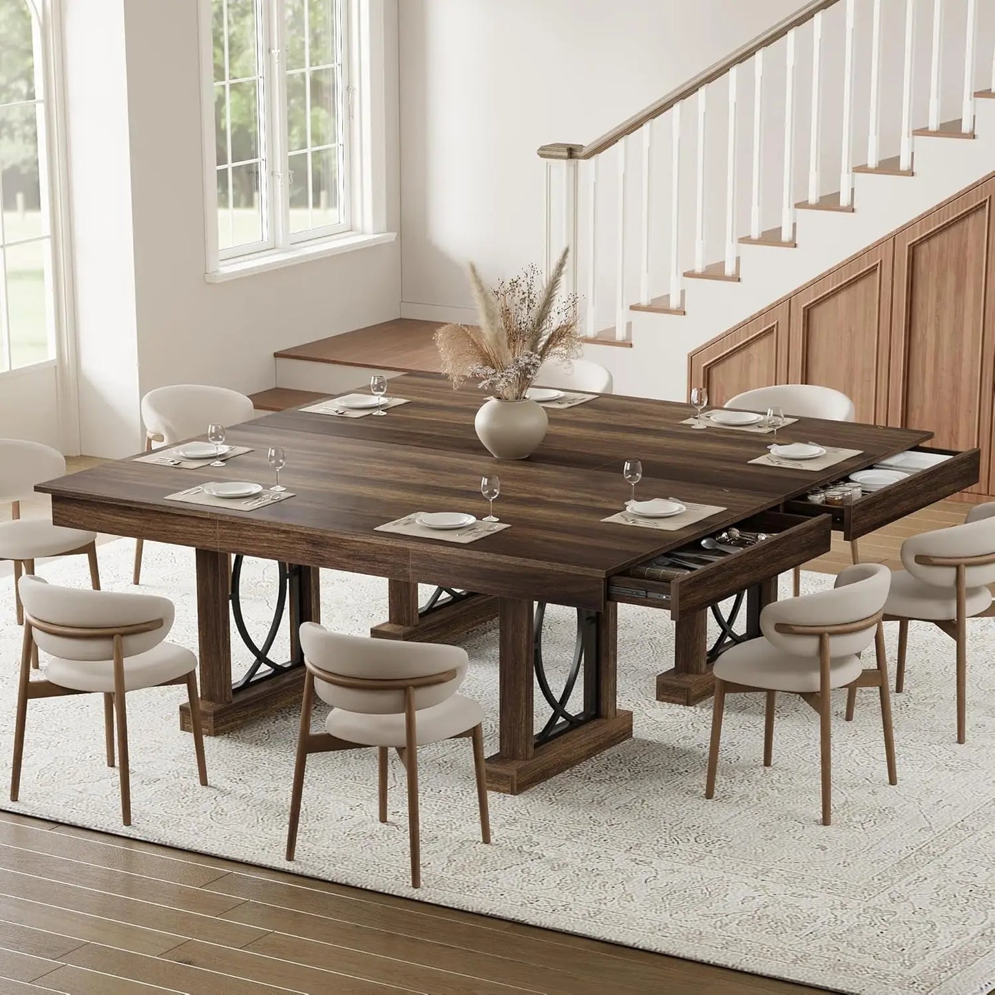 Wooden Rectangular Kitchen Table with Double Pedestal & Large Tabletop Dining Room Table for 6-8 with 2 Drawers Walnut