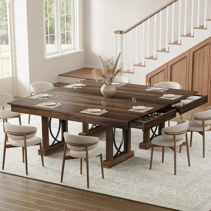 Wooden Rectangular Kitchen Table with Double Pedestal & Large Tabletop Dining Room Table for 6-8 with 2 Drawers Walnut