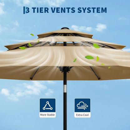 10FT 3-Tier Patio Umbrella Vented Outdoor Table Market Umbrella With Crank & Tilt Sunshade Fade Resistant For Pool Deck Yard