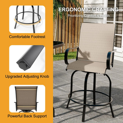 Set Of 2 All-Weather Swivel Bar Stools, 360° Rotating Outdoor Counter Height Chairs With High Back & Armrests For Deck Patio