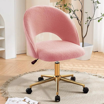 Vanity Chair with Back, Cute Office Desk Chair with Wheels for Girls, Upholstered Armless Accent Chair with Gold Metal Height