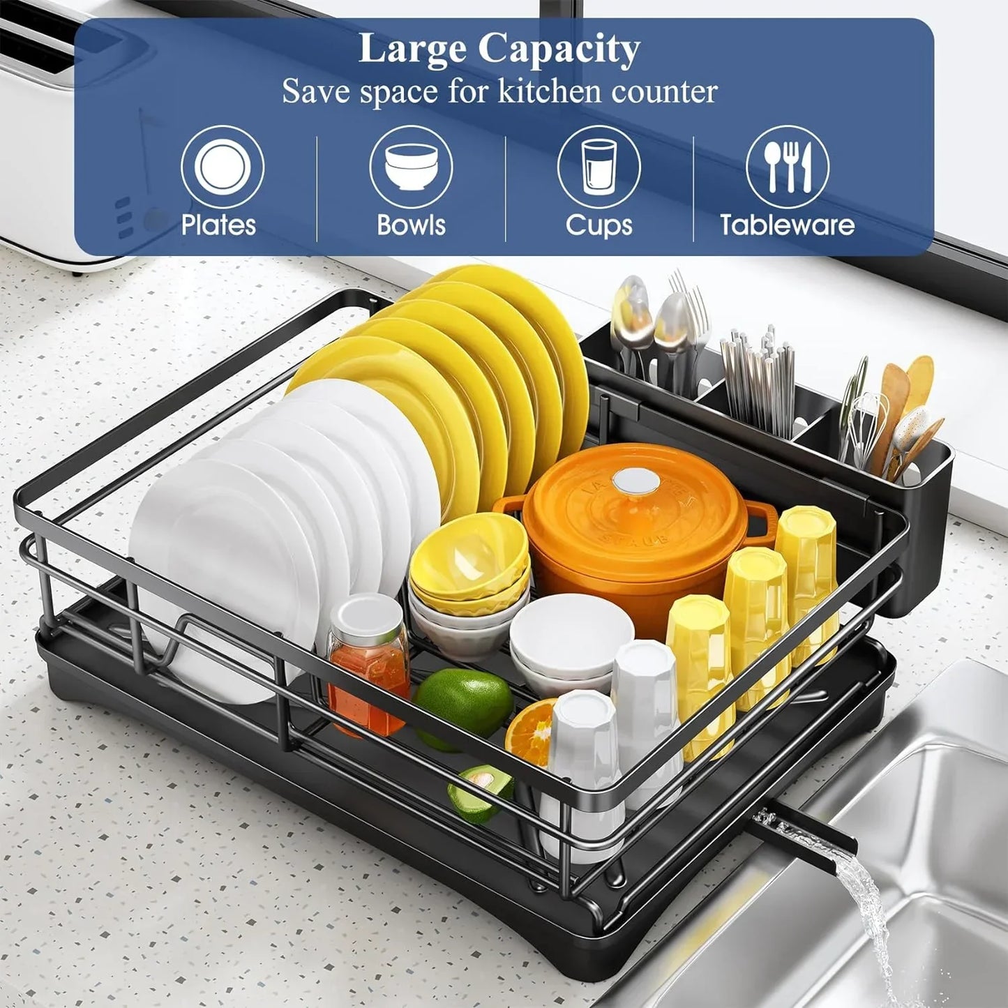 Spacious Kitchen Dish Rack with Drainboard - Rust-Resistant Countertop Drainer with Utensil Holder for Efficient Drying