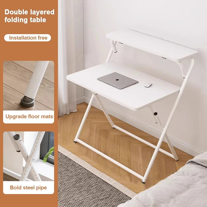 Double Folding Table Layered Shelving Space Saving Folding Computer Table Use for Writing Studying Gaming and Office