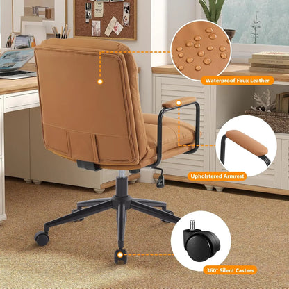 Leather Home Desk Chair, Comfortable Executive Office Chair with Wheels, Ergonomic Computer Task Chair Adjustable Height, Brown