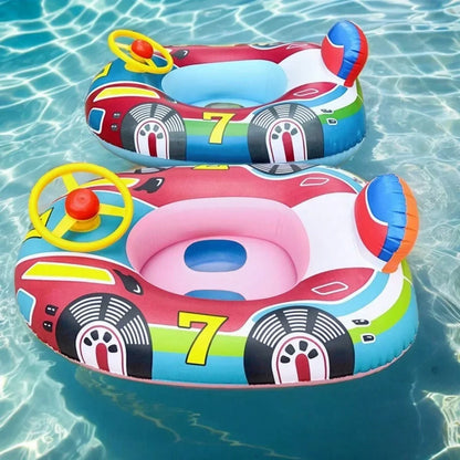 Baby Swimming Pool Float, Cute Car Design Kids Toddler Inflatable Summer Beach Floatie Boat Swim Tube Ring with Handles Safety