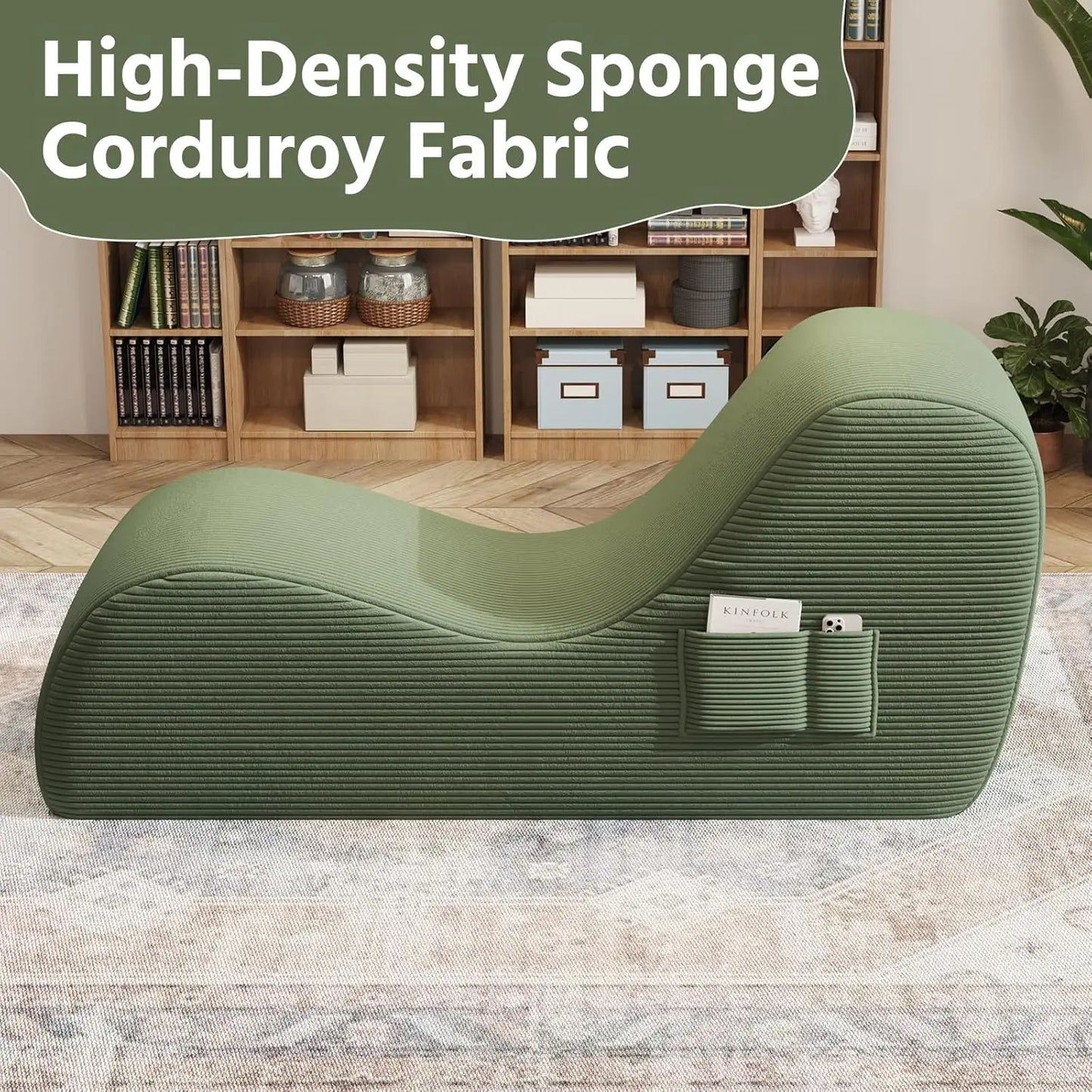 Corduroy Yoga Sofa - All Sponge Filled Stretching Lounge Chair with Side Pocket for Home Fitness & Relaxation