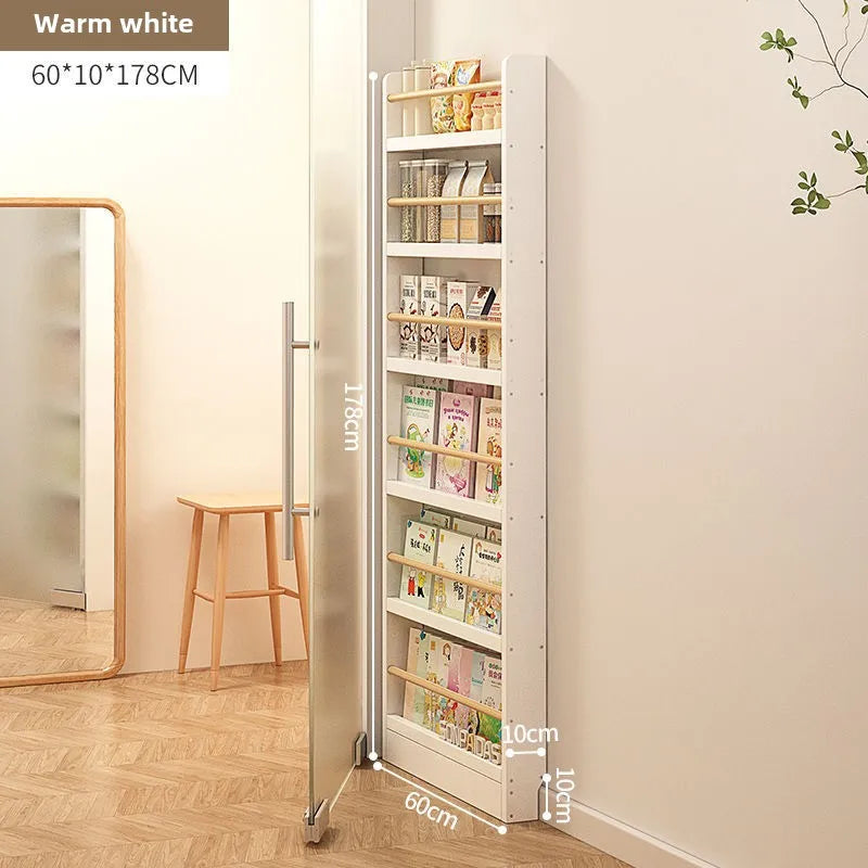 Solid wood bookshelf, floor standing wall mounted multi-layer storage rack, household bookshelf, thin bookshelf behind the door