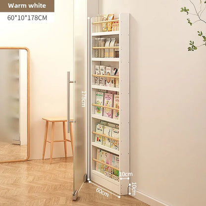 Solid wood bookshelf, floor standing wall mounted multi-layer storage rack, household bookshelf, thin bookshelf behind the door