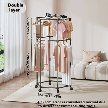 Coat Racks,Clothes Drying Rack with Wheels, Space-Saving Clothesline for Home,Sturdy Metal Construction,for Balcony, Living Room
