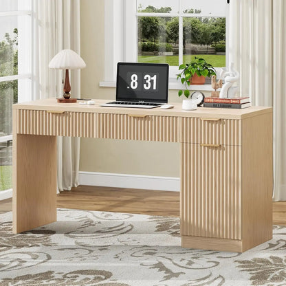 60" Executive Desk with Fluted Drawers,Wood Home Office Desk with Storage Cabinet, Charging Station,Fluted Computer Writing Desk