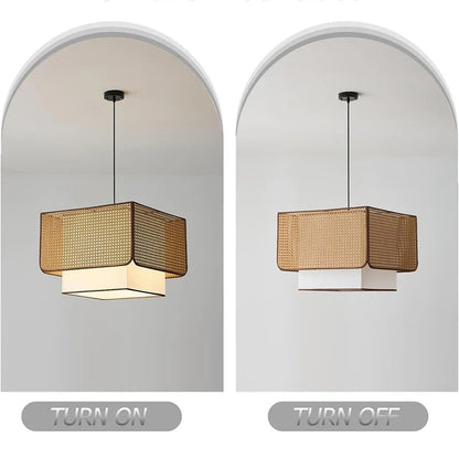 Rustic Retro Rattan Restaurant pandent light Wabi Sabi E27 Led square Chandelier Coffee Table Dining Table Decor Fixtures