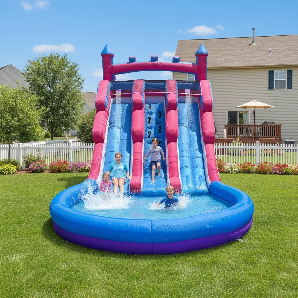 Pink-Purple Dual-Slide Inflatable Water Slide, Large Inflatable Pool , Water Slide Grade Inflatable Water Slide Outdoor Indoor