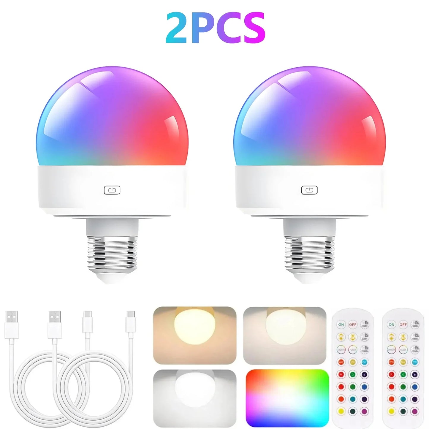 2PCS Rechargeable Light Bulbs Remote Control Battery Operated Light Bulb with Timer, Dimmable, 3 Color Temperatures