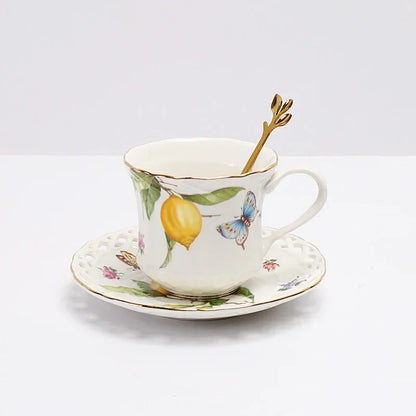 Europeanc Style Ceramic Dining Plate Elegant Lemon Pattern Dinner Steak Plate Coffee Cup Set Western Cuisine Dessert Plate