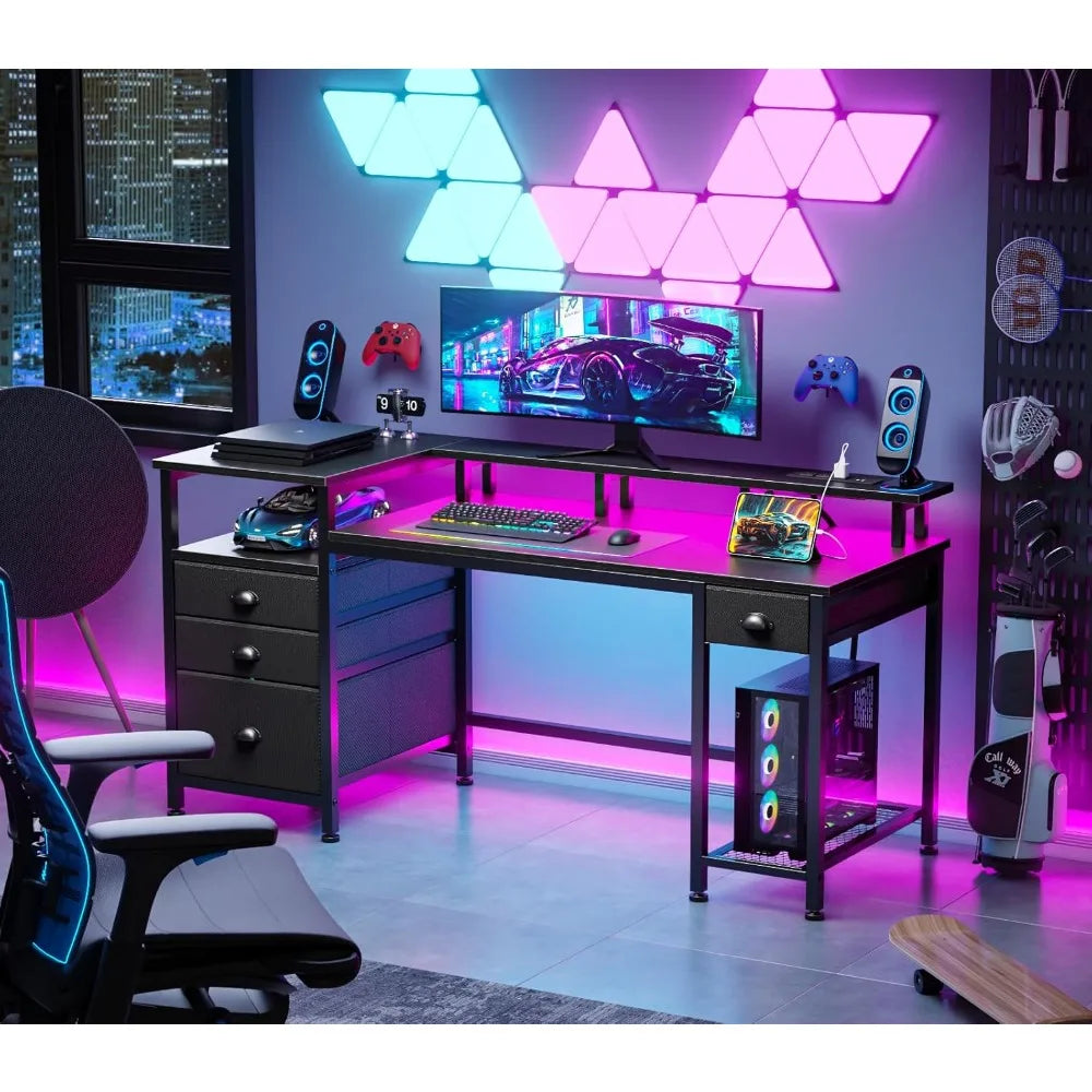 60" Black Computer Desk with 4 Drawers and Printer Space, Gaming Desk with LED Lights and USB Power Outlets, Home Office Desk