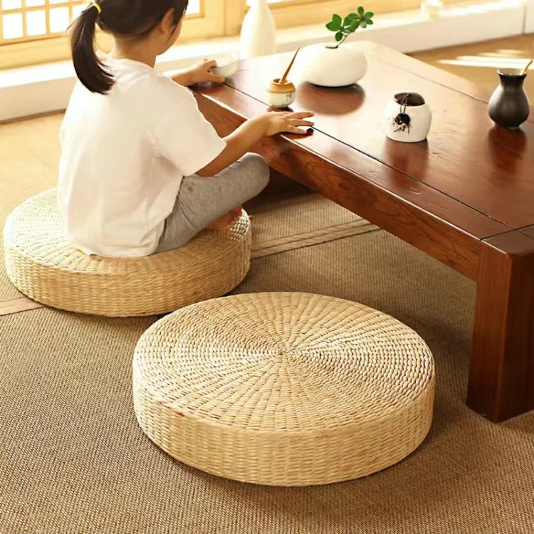 Hot Handmade Woven Natural Straw Round Pouf Tatami Cushion Floor Japanese Style Cushion Home Textile