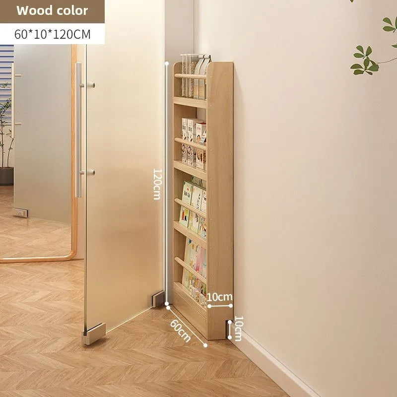 Solid wood bookshelf, floor standing wall mounted multi-layer storage rack, household bookshelf, thin bookshelf behind the door