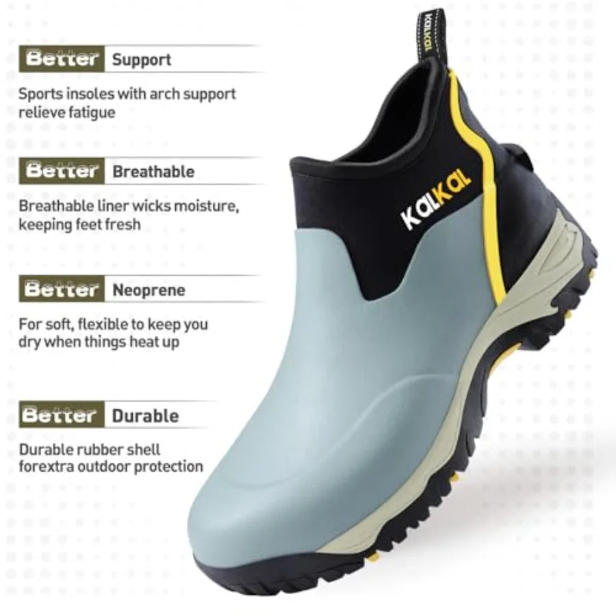 Kalkal Men's Rubber Boots Waterproof Ankle Rain Boots Insulated Working Booties with Comfortable Sports Sole Outdoor Mud Boots