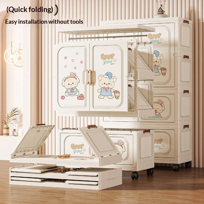Cartoon Kids Wardrobe Foldable Plastic Clothes Storage Cabinet Nursery Organizer Space Saving Baby Closet Wardrobe White