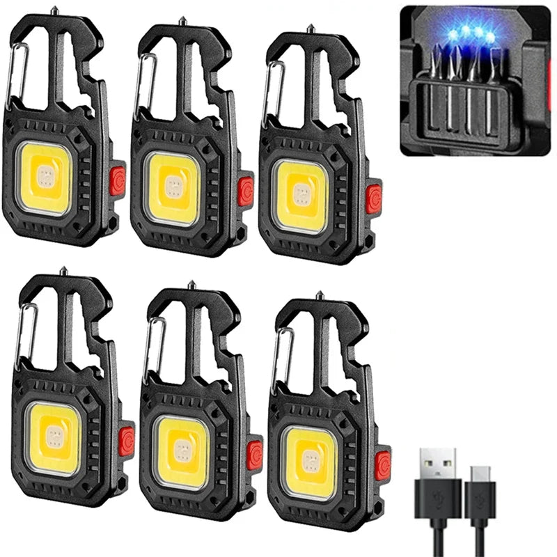 Mini LED Keychain Portable Work Light Pocket Flashlight USB Rechargeable Outdoor Camping Lamp With Window Hammer Bottle Opener