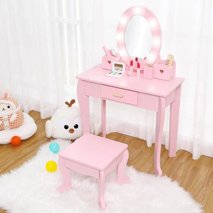 Kids Vanity Set, Pretend Play Girls Vanity Table and Chair Set with Lighted Mirror,Stool,Wood Makeup Playset,Birthday Gift