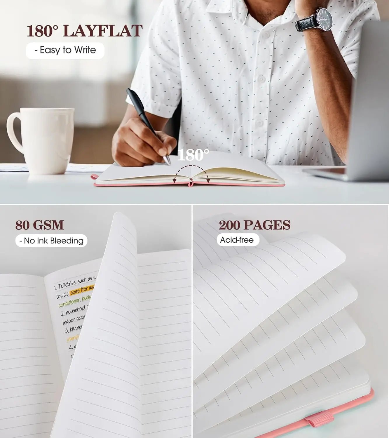 A5 Pink Hardcover Leather Journal for Women, 200 Pages Lined Notebook with Elastic Closure, Perfect for Writing and Travel