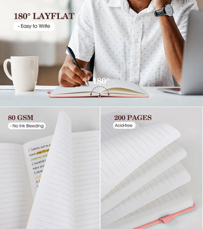 A5 Pink Hardcover Leather Journal for Women, 200 Pages Lined Notebook with Elastic Closure, Perfect for Writing and Travel